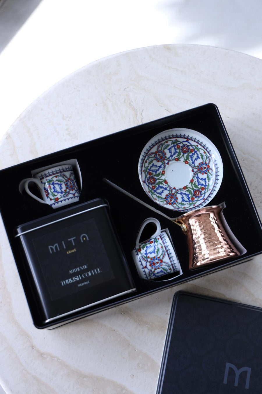 MITA KAHVE  Porland Cihangir Coffee Cup with Cezve and Coffee Set for Two Gift Box (Blue)
