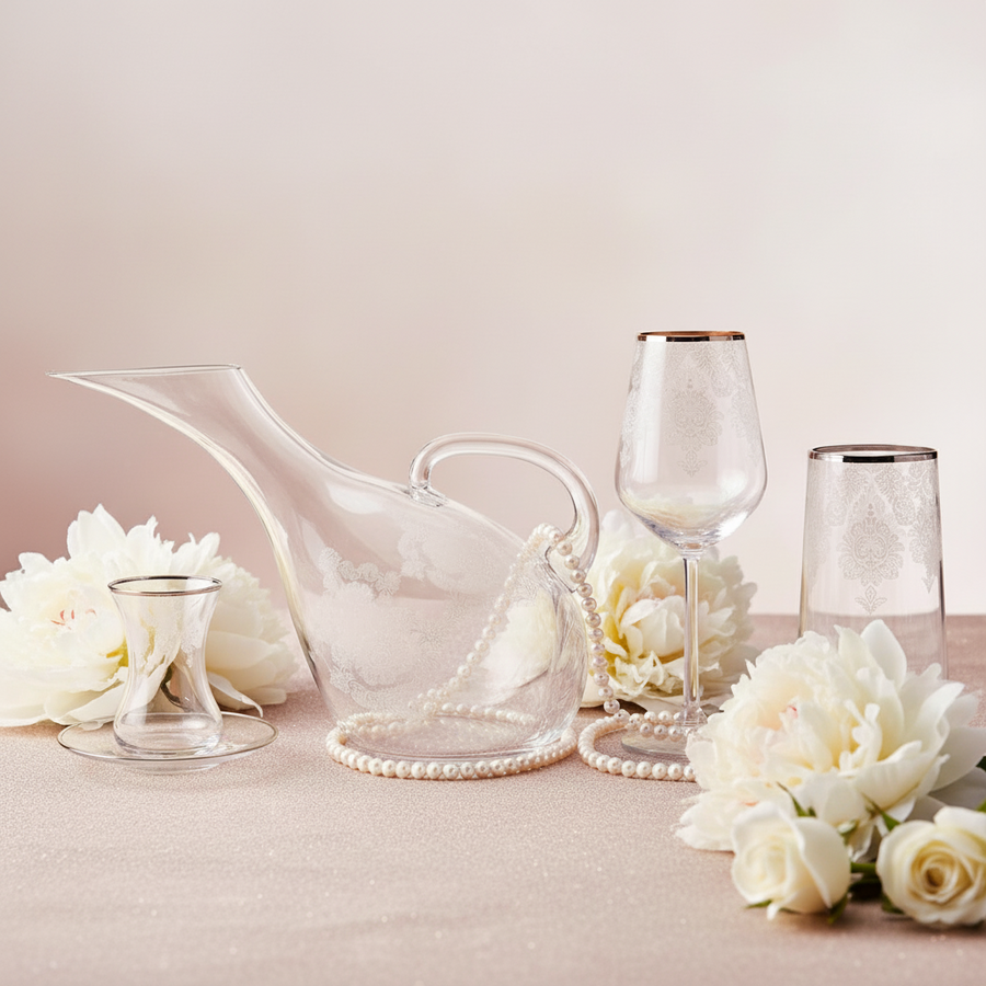 Karaca Fine Pearl Helen Platinum 49 Piece Pearl Glassware Collection Mita Kitchenware