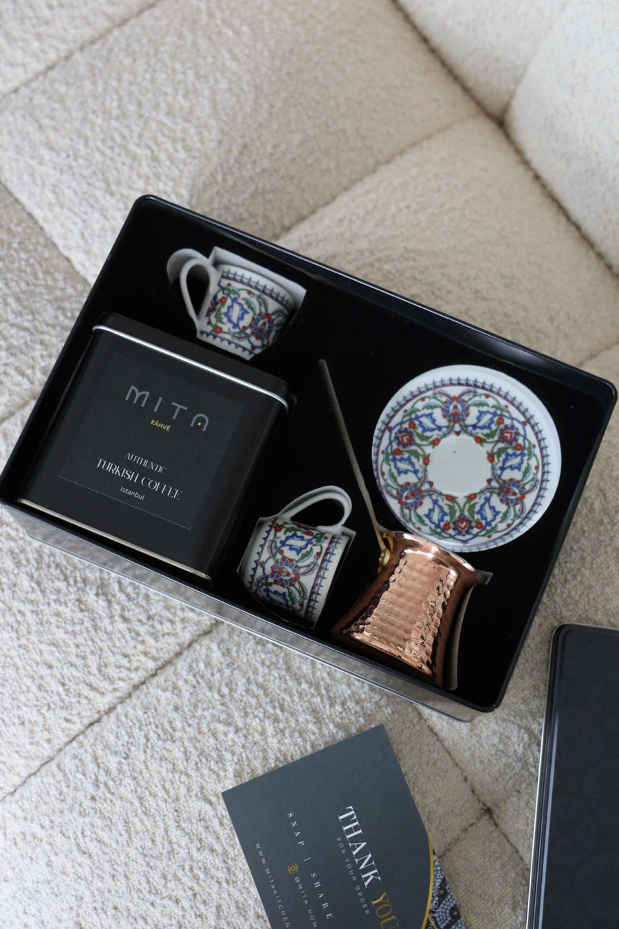 MITA KAHVE  Porland Cihangir Coffee Cup with Cezve and Coffee Set for Two Gift Box (Blue)