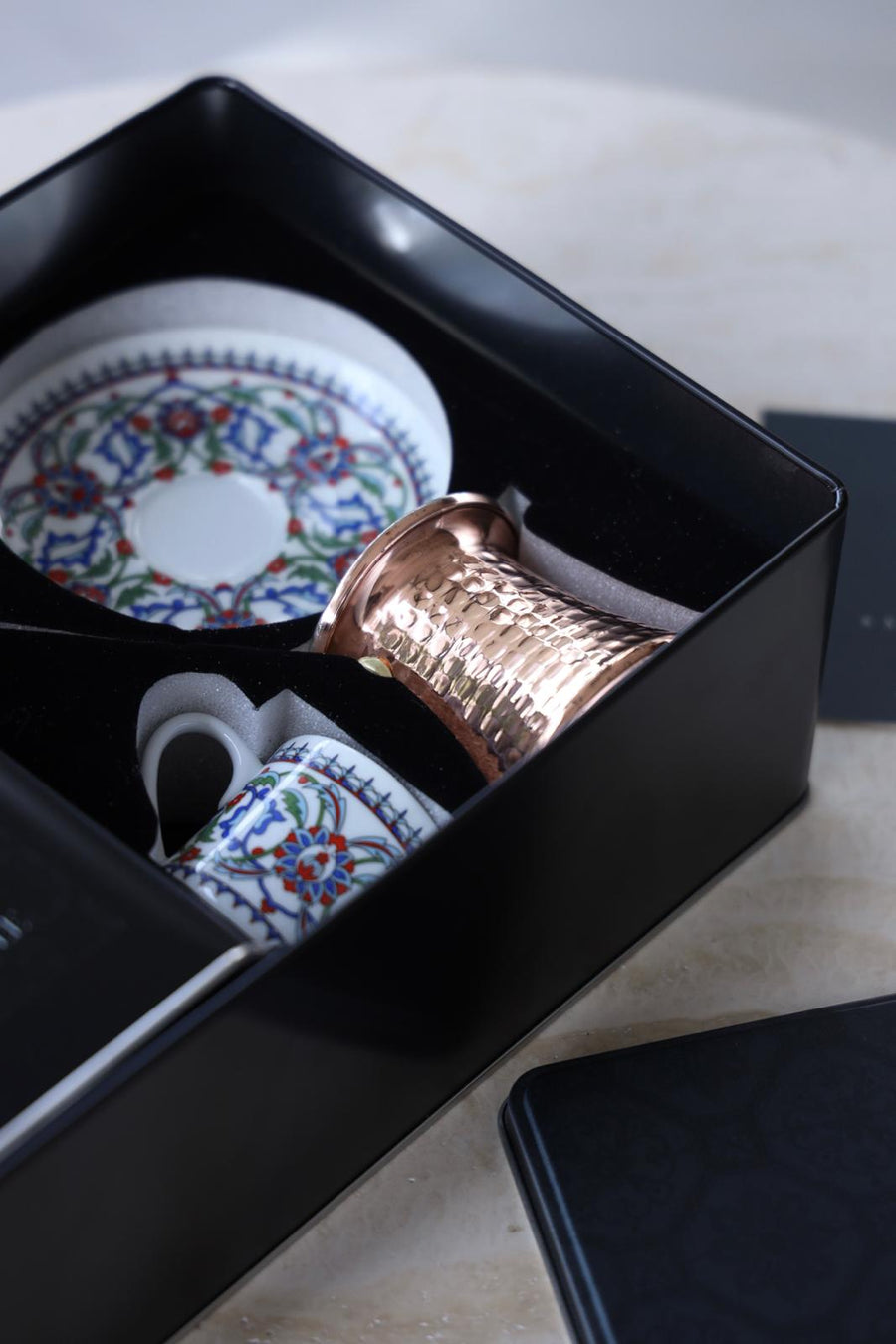 MITA KAHVE  Porland Cihangir Coffee Cup with Cezve and Coffee Set for Two Gift Box (Blue)