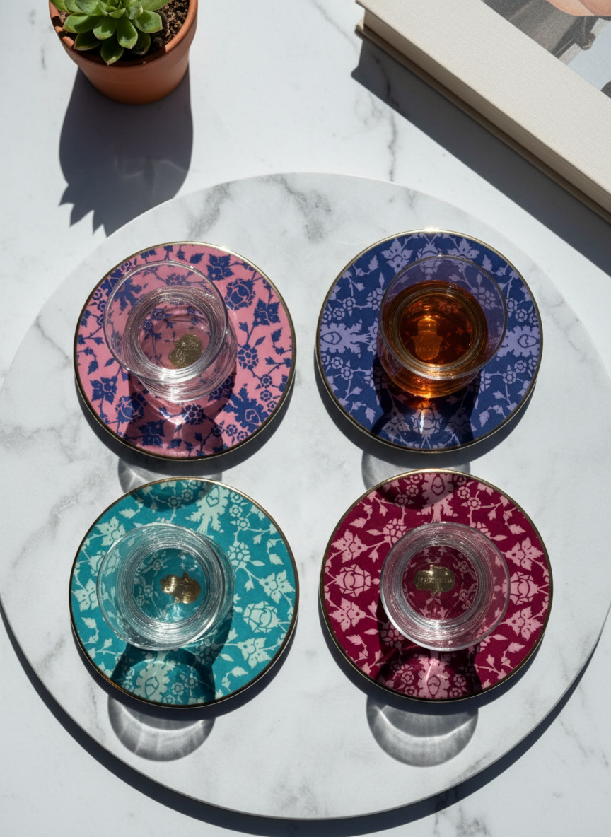 Porland Glamorous Tea Set displayed for four in multicolour patterns