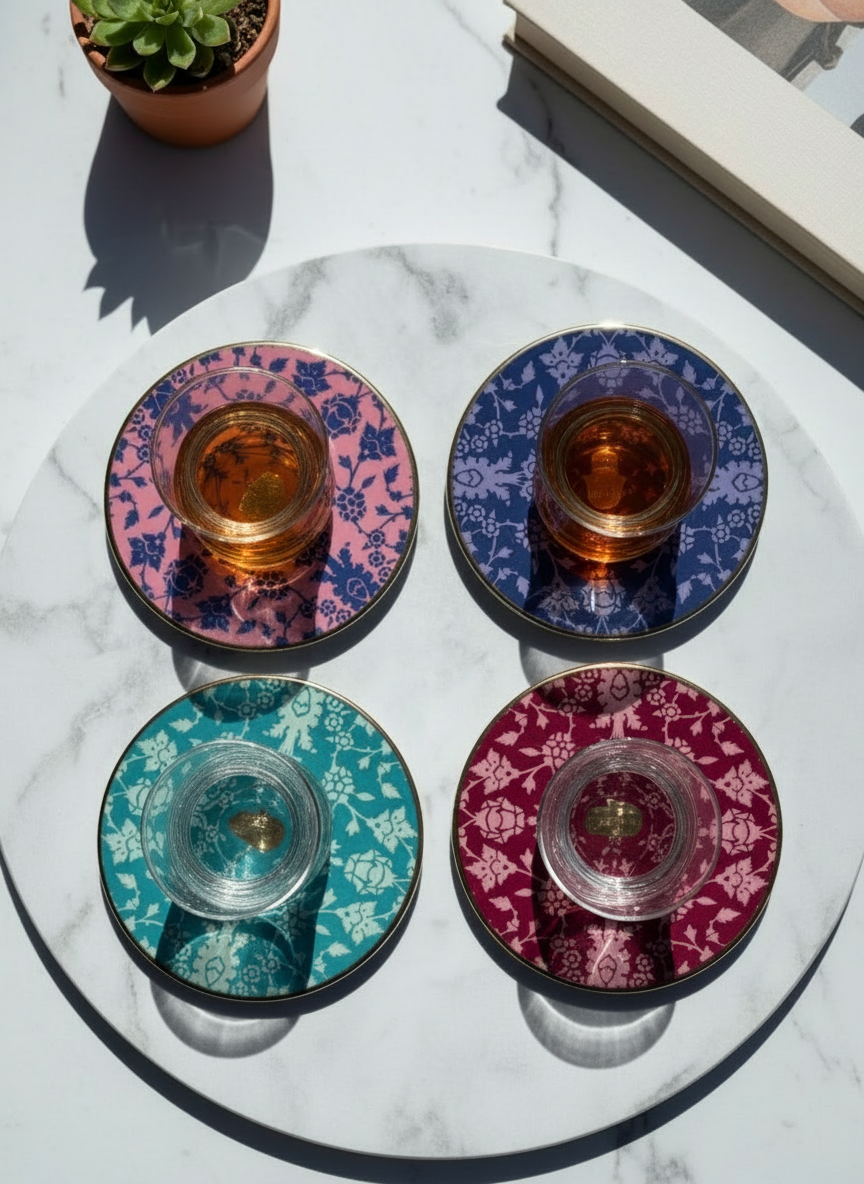 Porland Turkish tea glasses with matching porcelain saucers in turquoise and red