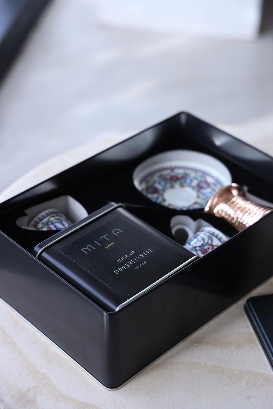 MITA KAHVE  Porland Cihangir Coffee Cup with Cezve and Coffee Set for Two Gift Box (Blue)