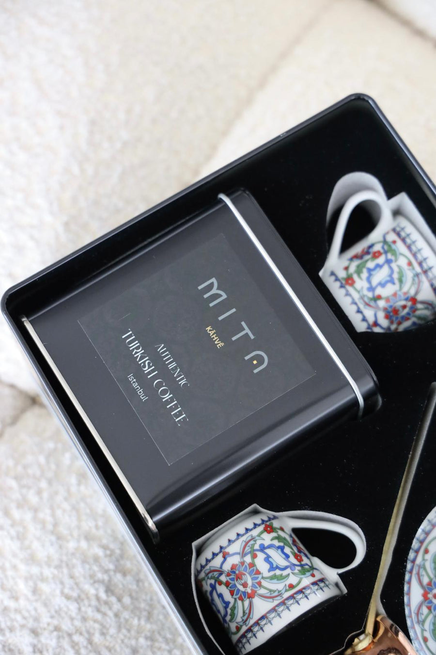 MITA KAHVE  Porland Cihangir Coffee Cup with Cezve and Coffee Set for Two Gift Box (Blue)