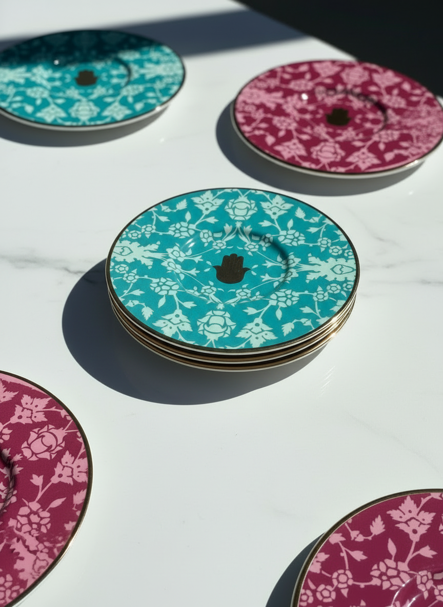 Turkish tea glasses with vibrant patterned saucers displayed on marble table