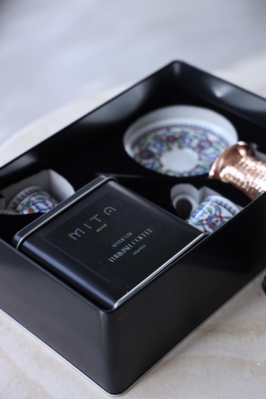 MITA KAHVE  Porland Cihangir Coffee Cup with Cezve and Coffee Set for Two Gift Box (Blue)