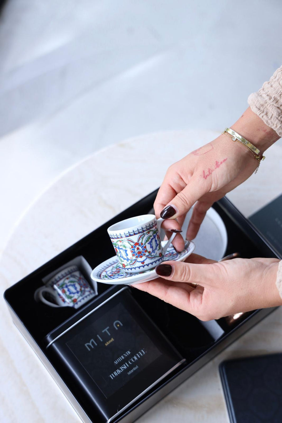 MITA KAHVE  Porland Cihangir Coffee Cup with Cezve and Coffee Set for Two Gift Box (Blue)