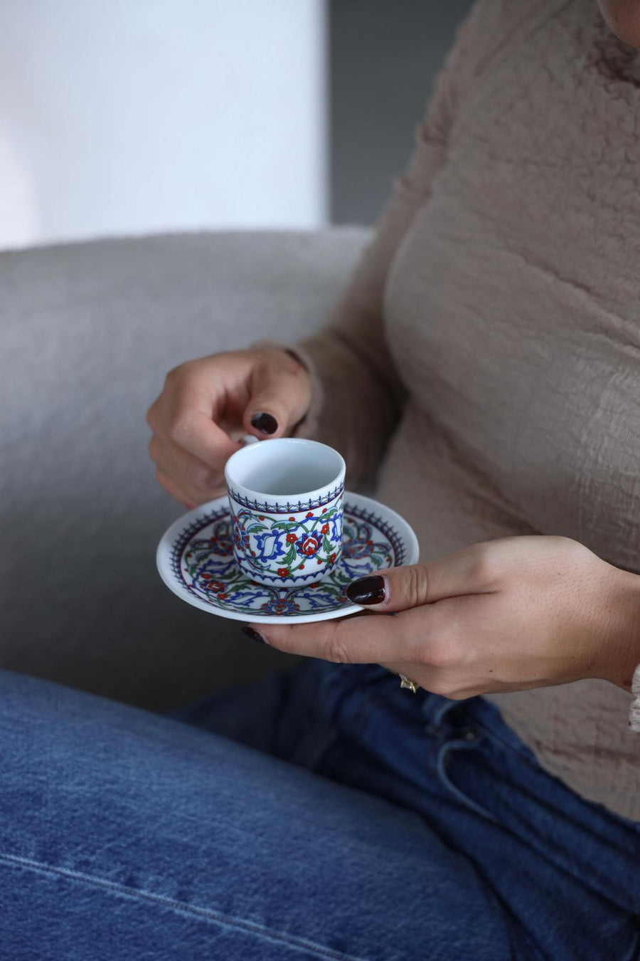 MITA KAHVE  Porland Cihangir Coffee Cup with Cezve and Coffee Set for Two Gift Box (Blue)