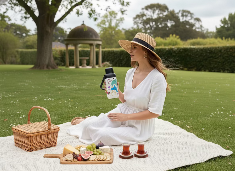 Woman holding SOHAI 1200ml insulated thermos flask outdoors at picnic