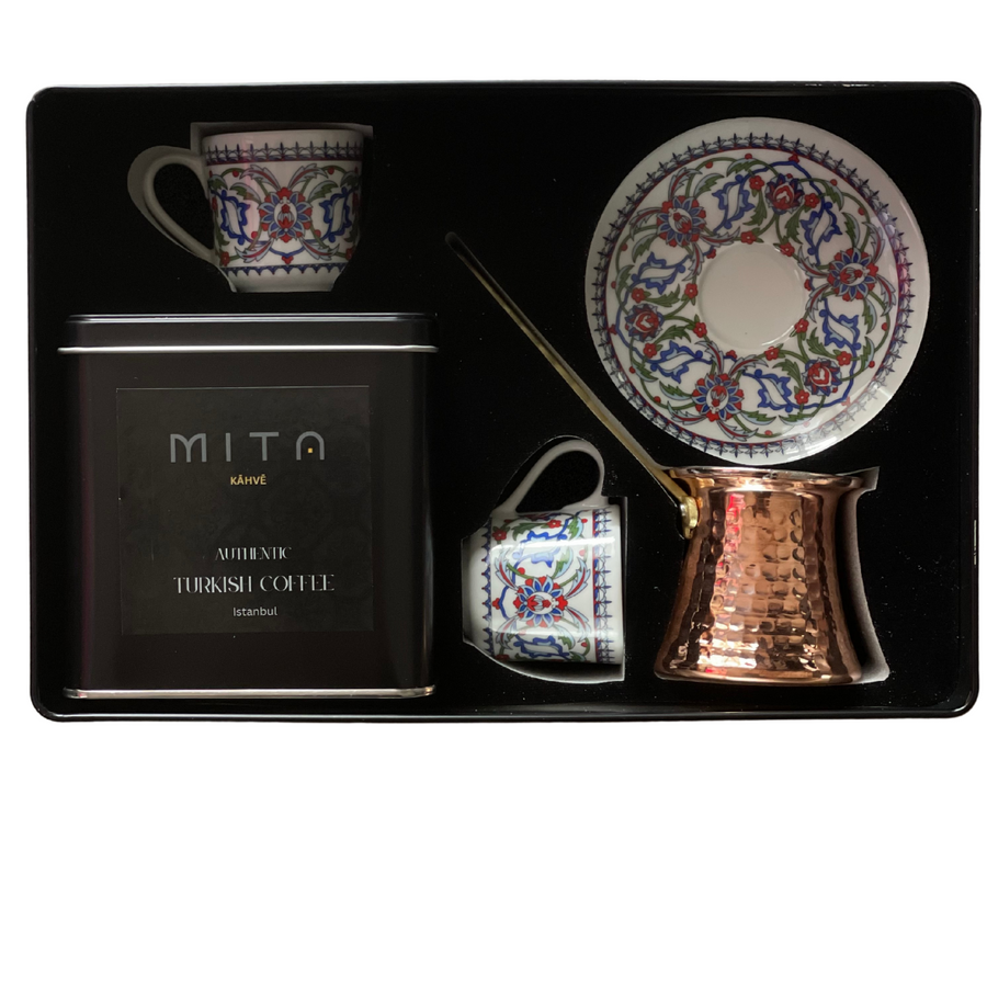 MITA KAHVE  Porland Cihangir Coffee Cup with Cezve and Coffee Set for Two Gift Box (Blue)