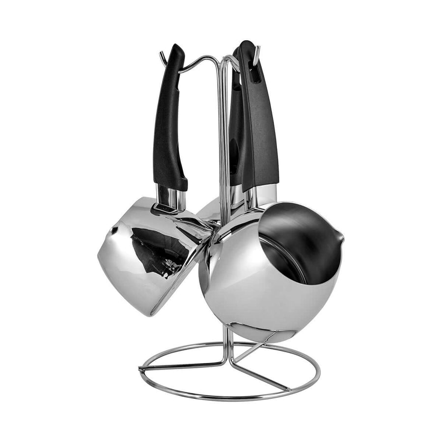 Karaca 316 stainless steel Turkish coffee pot set on stand