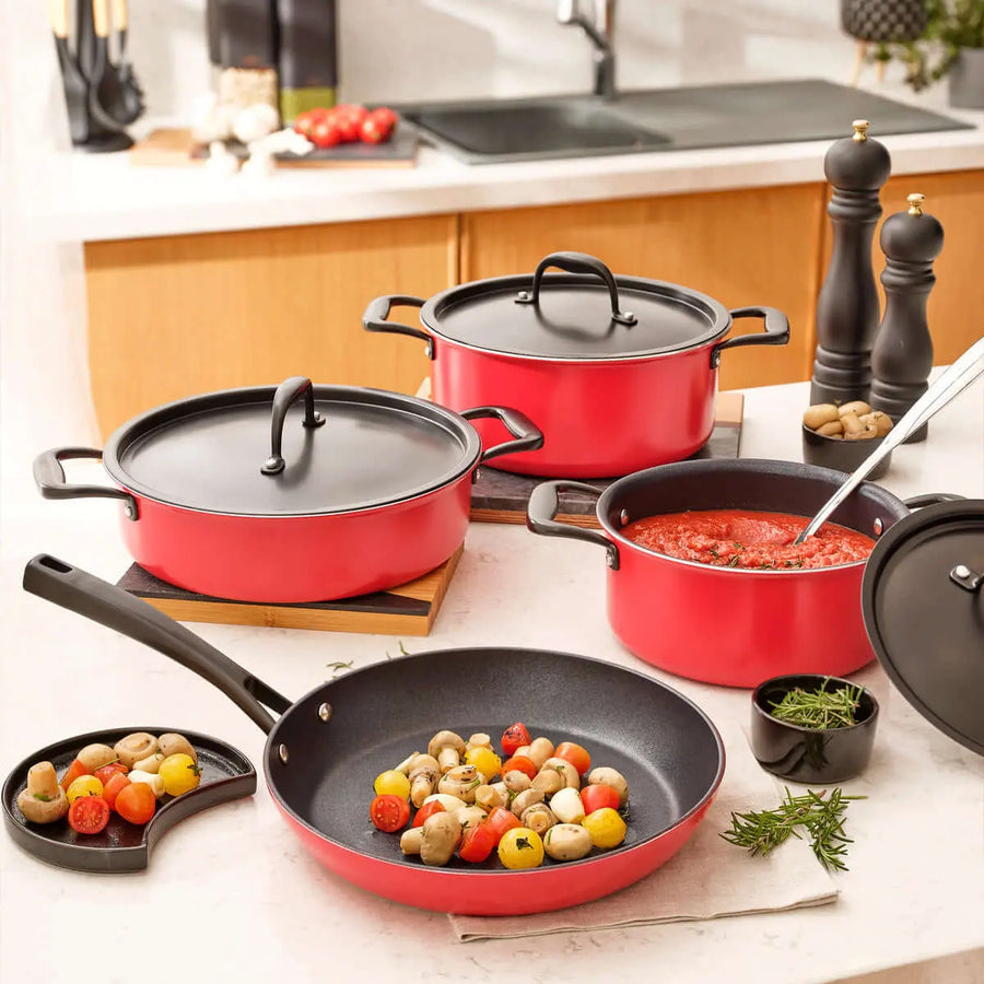 Exquisite Karaca cookware set, featuring safe, non-toxic materials and a nonstick frying pan designed for luxury home cooking.