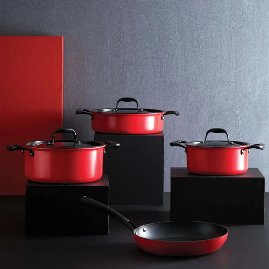Exquisite Karaca cookware set, featuring safe, non-toxic materials and a nonstick frying pan designed for luxury home cooking.