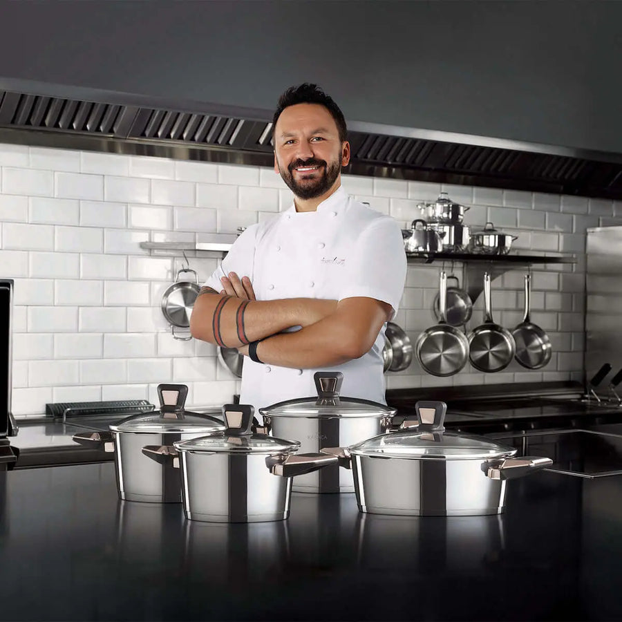 Luxurious 8-piece Karaca Kobe cookware set, crafted from 316 Powersteel stainless steel, expertly made in Turkey.