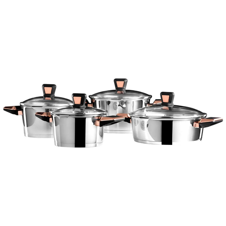 Luxurious 8-piece Karaca Kobe cookware set, crafted from 316 Powersteel stainless steel, expertly made in Turkey.