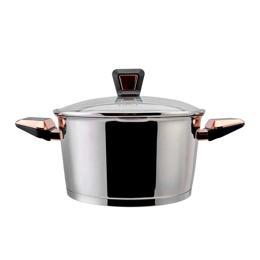 Luxurious 8-piece Karaca Kobe cookware set, crafted from 316 Powersteel stainless steel, expertly made in Turkey.