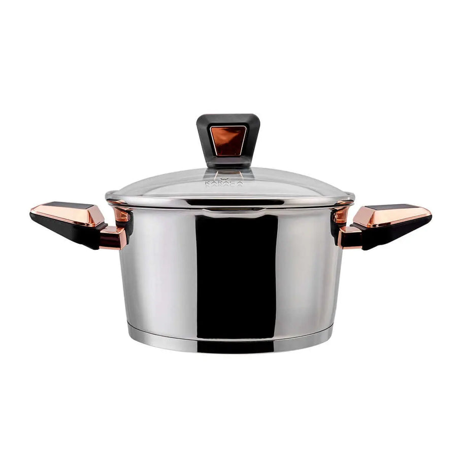 Luxurious 8-piece Karaca Kobe cookware set, crafted from 316 Powersteel stainless steel, expertly made in Turkey.