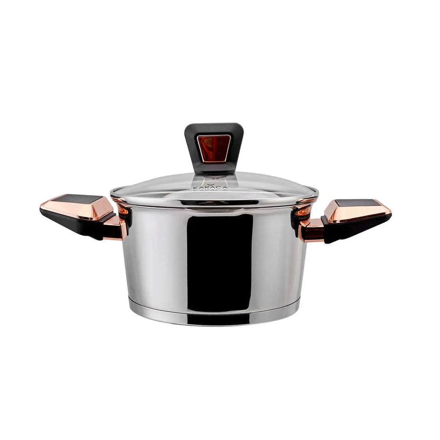 Luxurious 8-piece Karaca Kobe cookware set, crafted from 316 Powersteel stainless steel, expertly made in Turkey.