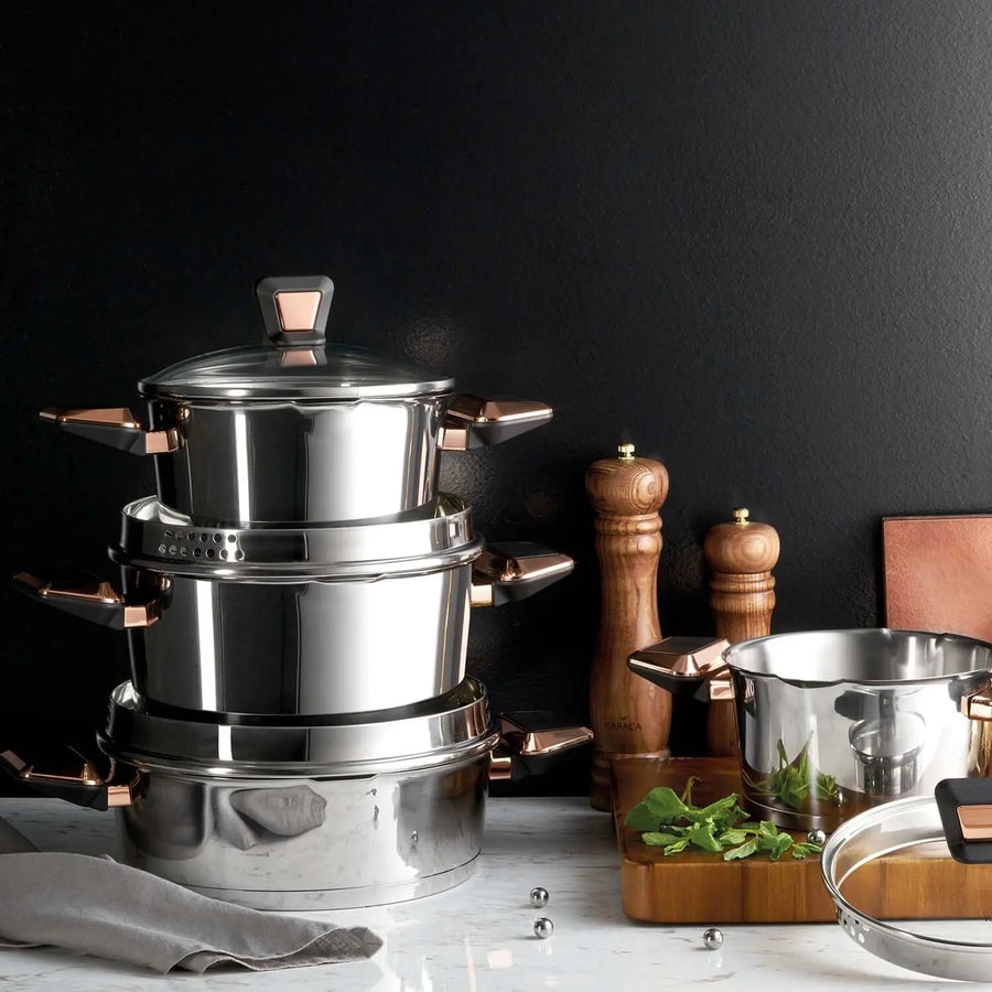 Luxurious 8-piece Karaca Kobe cookware set, crafted from 316 Powersteel stainless steel, expertly made in Turkey.
